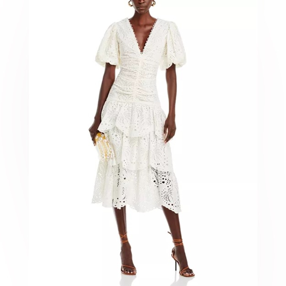 FARM Rio White Eyelet Tiered Midi Dress